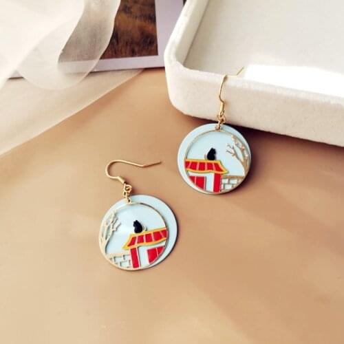 Fashion Chinese Style Retro Temperament Round Earrings Personality Hollowed-Out Courtyard Cat Taste Trend Painted Women Earrings