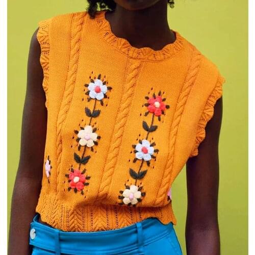AYUALIN Sleeveless Pullover Women Knitted vest Orange Floral Hand Embroidery SweaterCasual Vintage Jumper Spring Autumn Tank Top