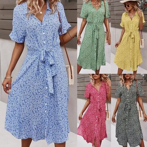 2021 Spring New Bandage Dress Women Casual Short Sleeve Button Floral Print Dress For Woman Summer Holiday Style Dress