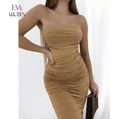 EvaQueen Ruched Solid Slim Midi Dress For Women Spaghetti Strap Soft Date Bodycon Dresses Backless High Waist Sexy Party Vestido