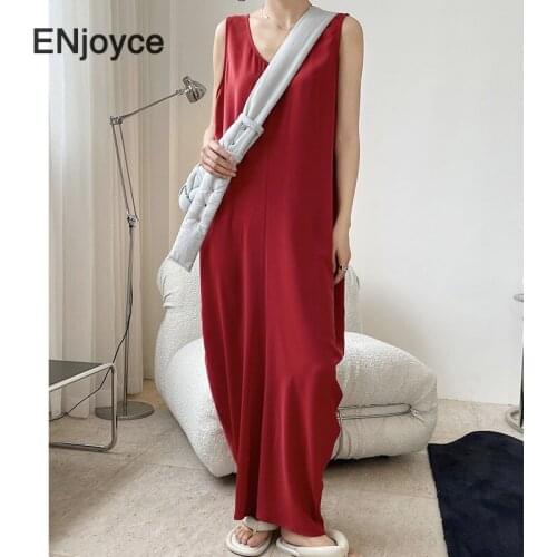 Women Vintage Red Sleeveless Maxi Dress 2021 Summer Korean Elegant Fashion Loose Beach Style Ladies Long Split Dresses