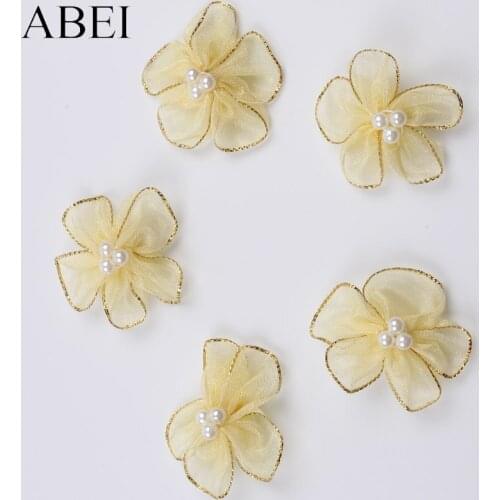 15pcs 4cm Beaded Organza Flower DIY Wedding party Floral Crafts Handmade Sewing Shoes hats Apparel Decoration Wholesale