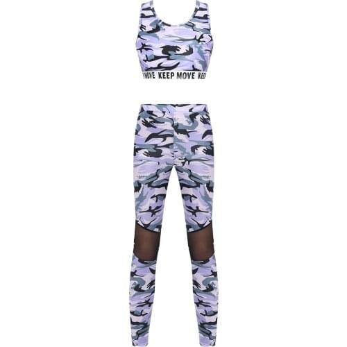 2021 Kids Girls Child Dance Sets Gymnastics Dancewear Outfit Camouflag Print Sleeveless Racer Back Tanks Crop Top with Leggings