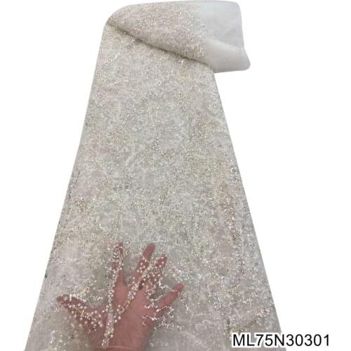 2021 Nigerian Handmade Sequins Lace Fabrics High Quality African Beaded Tulle Fabric 5 yards for wedding party dress ML75N303