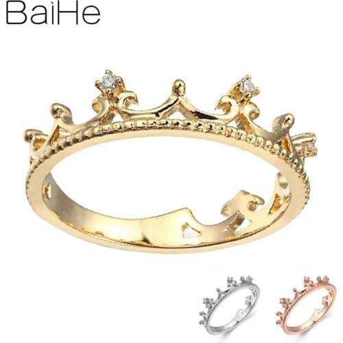 BAIHE Solid 14K Yellow Gold 0.03CT H/SI Round Natural Diamonds Wedding Women Trendy Fine Jewelry Exquisite Crown Diamond Ring