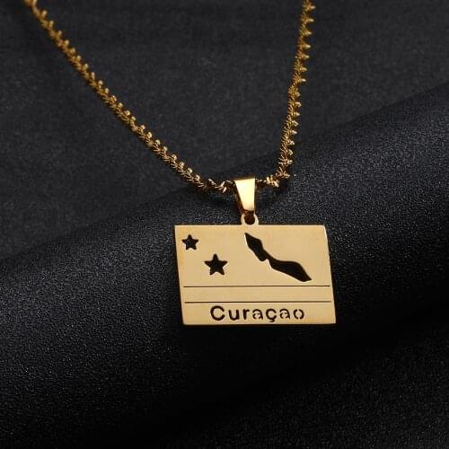 Stainless Steel Rectangle Curacao Map Pendant Necklaces for Women Girls Trendy Maps Chain Jewellery