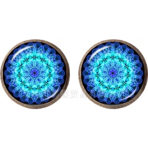 Enamel Mandala Lotus Earrings Henna Yoga Jewelry Stud Earrings For Women Charm Art Picture OM Symbol Buddhism Zen Glass Jewelry