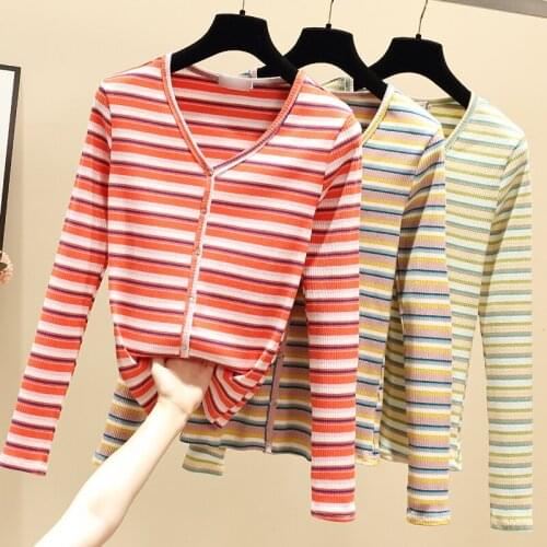 Stripe Long Sleeved Cotton Top Korean Fashion WomenS T-Shirt Female Vintage Clothing Blouses 2021 Kawaii Harajuku