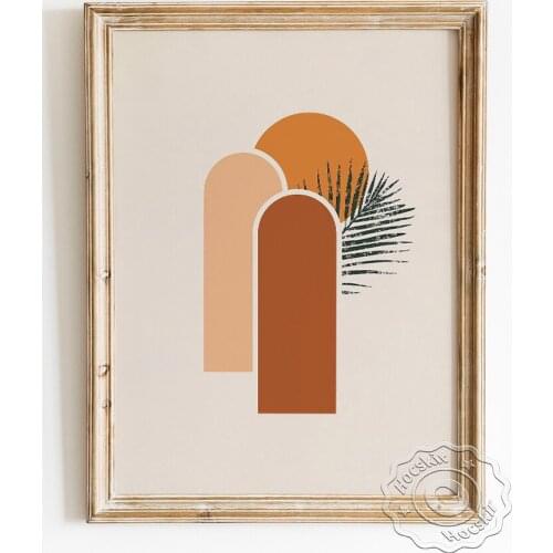 Palm Leaf Art Prints Poster, Abstract Sun Wall Picture, Geometry Pattern Canvas Painting, Boho Mid Century Modern Home Decor