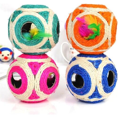 Colorful Sisal Ball Cat Scratching Posts Toy Kitten Interactive Play Toys Balls Sisal Rope Braided Feather Cats Teaser Toy