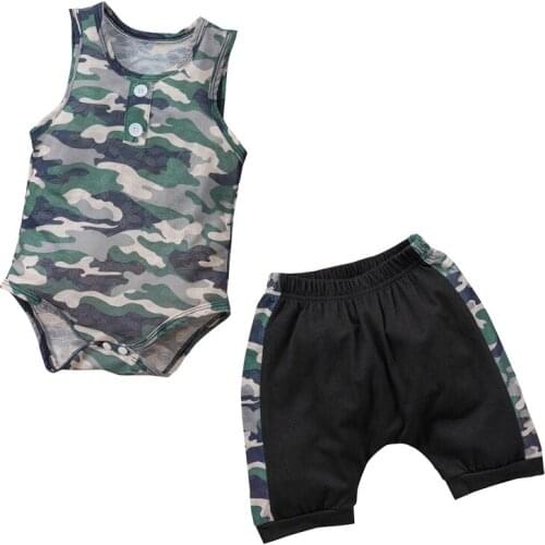 Summer Baby Boys Set Suits Camo Print Sleeveless Romper + Shorts Casual Clothes for Kids 2pcs