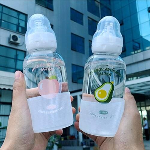 Cute Fruit water bottle transparent glass creative fashion personality straw pattern female student couple portable cup