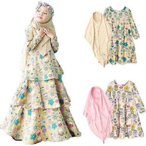 Muslim Printed Girls Long Sleeve Dress Kids Prayer Hijab Abaya Islamic Robe Gown Islamic Arab Ramadan Dress Middle East Fashion
