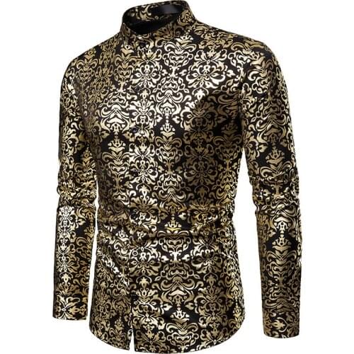 Men Hipster Luxury black gold Bronzing Printed Slim Long Sleeve Dress Shirt wedding Night club Hip hop party Singer stage Shirts