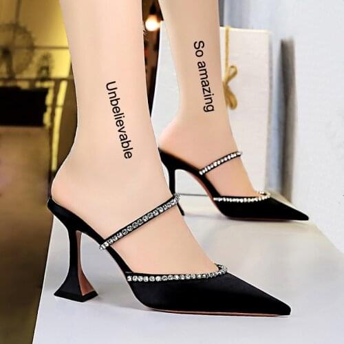 Luxury Sexy Glitter Point Toe High Heel Mules Slippers Crystal Slide Shoes Women Bling Wedding Party Summer Sandals Autumn Pumps