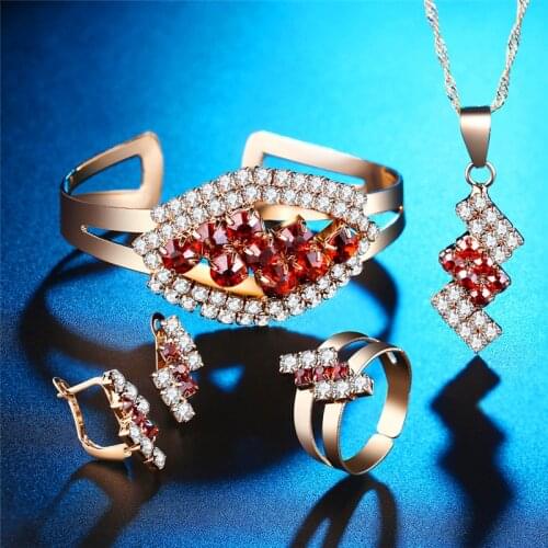 Trendy Female Red Crystal Jewelry Set Charm Rose Gold Color Clip Earrings For Women Punk Round Zircon Wedding Chain Necklace