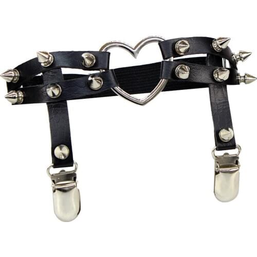 New Sexy Rock Pub Punk Garter Belt Rivets Leg Ring Thigh Harness Heart Black PU Leather Suspenders Women Girls Body lingerie