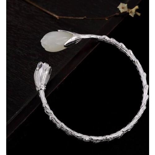 New new inlaid natural Hetian Chalcedony lotus Peng Bracelet small design charm elegant women adjustable brand jewelry
