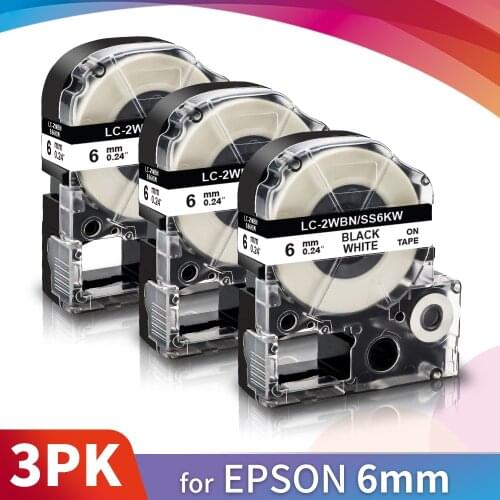 Topcolor 3PK 6mm Black on White SS6KW Replace Epson KingJim Label Printer LK-2WBN Label Tape for LW 700 900P 1000P Typewriter