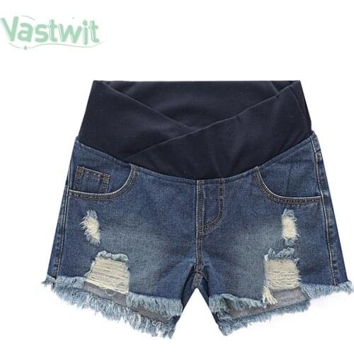 Maternity Ripped Denim Shorts Summer Pregnant Women Low Waisted Support Belt Denim Jeans Loose Short Pockets Pants for Pregnancy
