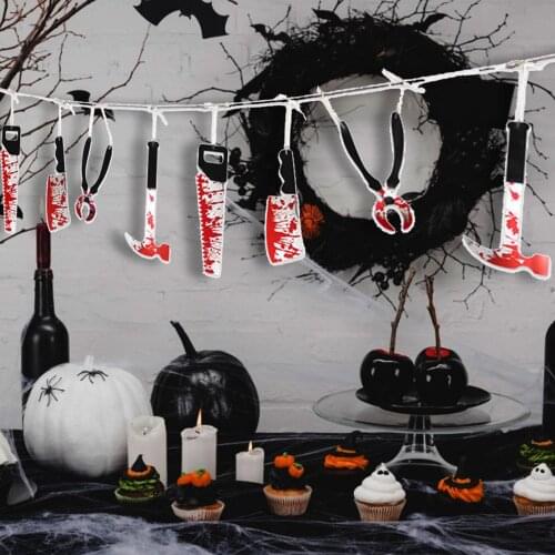 Happy Halloween Paper Banner Bloody Hanging Decoration Cutting Tool Pull Flag Banner Horror Bloody Hand And Foot Decoration