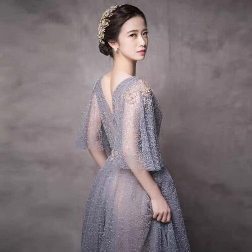 Sexy A-line Prom Dresses 2020 Long V-neck Beading Sequins Eveing Dress For Girls Short Sleeves Tulle платье vestidos LE40778