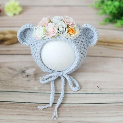 Grey Baby Bear Hat Photography Flower Hat Knitted Cotton Floral Bonnet Newborn Bonnet Photo Prop Baby Shower Gift Animal Bonnet