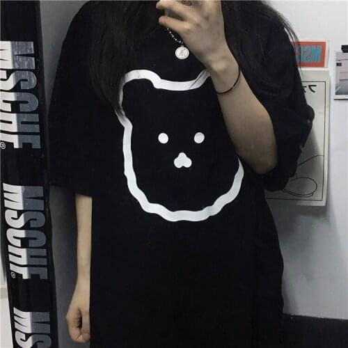 Japan Mujer Cute Bear Print Tee Harajuku Casual Loose E-Girl Ulzzang Summer Kawaii Anime Cartoon Tops Vintage Chic Women T-shirt