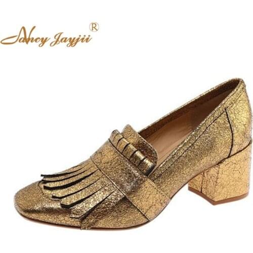 Gold Chunky Heels Metallic Womans Pumps Square Toe Ladies Shoes Fringe Slip On Spring Classics Fashion Mature Large Size 15 16