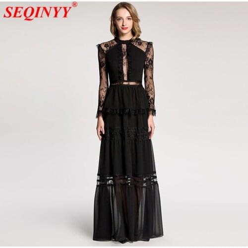 High End Lace Dress Women 2018 Spring New Sexy Perspective Strapless Lace Hollow Embroidery Ruffles Spliced Big Hem Long Dresses