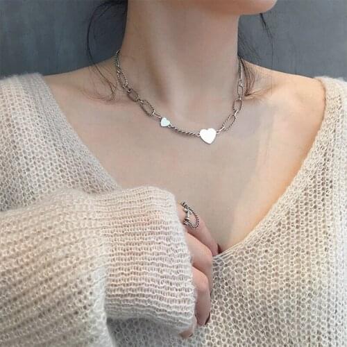 Temperament Retro Love Heart Pendant Thick Chains Necklace For Women Thai Silver Color Party Jewelry
