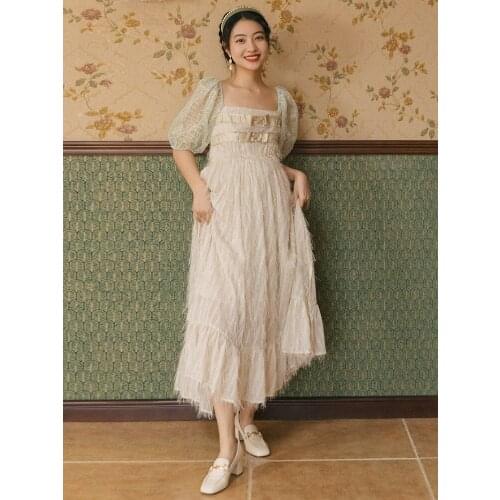 Bowknot Square Neck Tassel Halter Sexy Elegant Fairy Dress French Gentle Style Puff Sleeve Temperament Dress Women