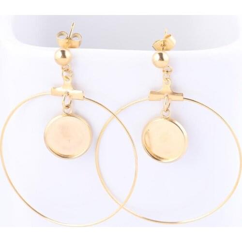 10pcs Stainless Steel Gold Plated Fit 12mm Cabochon Earring Setting Blanks With Hoop Charms Diy Post Earrings Findings