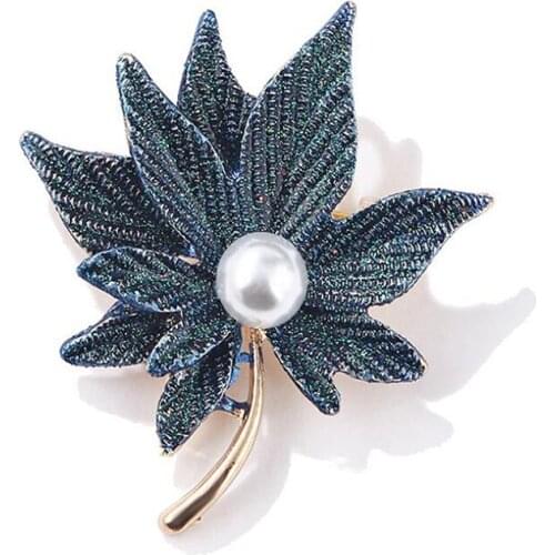 Fashion Double-layer Maple Leaves Brooch Pearl Scarf Hat Pin Statement Jewelry Women Dress Shirt Collar Accessories Xmas Gifts