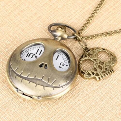 The Nightmare Before Christmas Quartz Pocket Watch Tim Burton Jack Skellington Pendant Retro Bronze Clock Gift + Skull Accessory