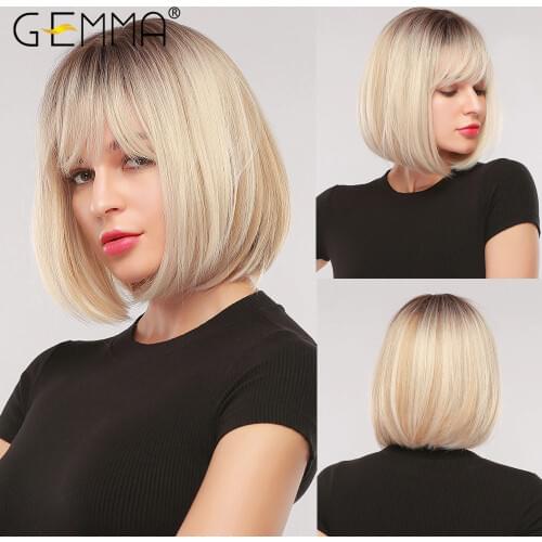 GEMMA Short Straight Bob Synthetic Wigs with Bangs for Women Afro Ombre Black Brown Yellow Blonde Wigs Cosplay Party Daily Hair