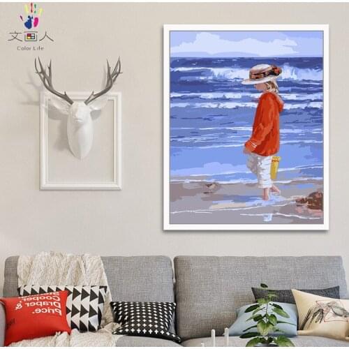 Paint by number art painting seaside Beach girl hand-painted color oil painting Living room bedroom Decorative paintings