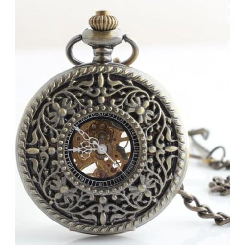 10pcs/lot Retro Bronze Hollowed Flower Vine Skeleton Mechanical Pocket Watch Roman Dial Men Gift Pocket Watches