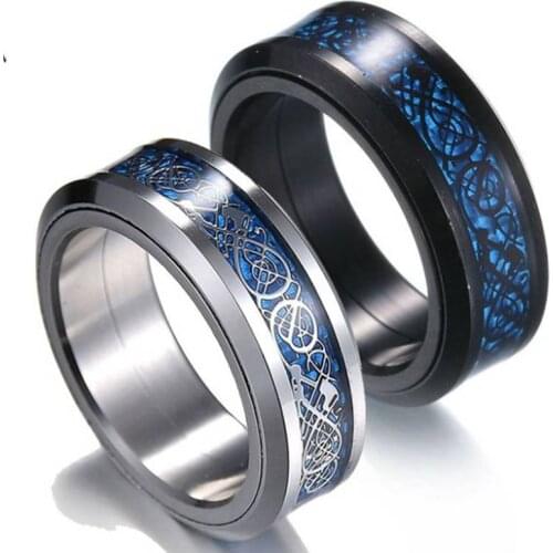 Black 316L Stainless steel Ring Can be rotated Wedding Band blue Carbon Fiber des Nibelungen Dragon rings for men