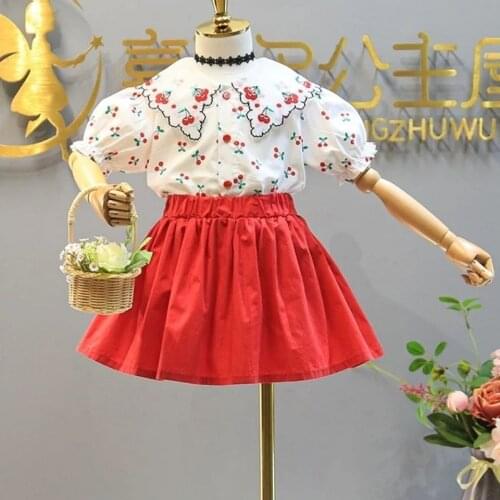2021 new baby Girls Summer Sweet Cherry Tops+red Skirts Clothing ,kids Cotton Princess Fashion Children Clothes Sets