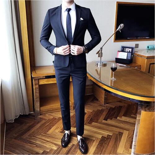 Pure Color Suits Men 2 Piece Set Grey, Blue ,Black, Purple Red Fashion Business Wedding Banquet Mens Suit Jackets and Pants