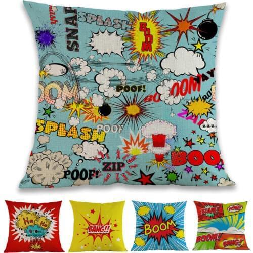 Pop Art American Cartoon Style Comic Speech Bubbles Book Words BOOM Bang ZAP OMG Pillow Case Home Sofa Decoration Cushion Cover