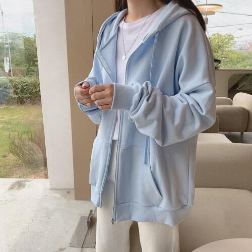 Casual Cotton Thin Coat 2020 Spring Autumn New Fashion All-match Loose Hoodies Women student Long Sleeve Zip-up Solid sweatshirt