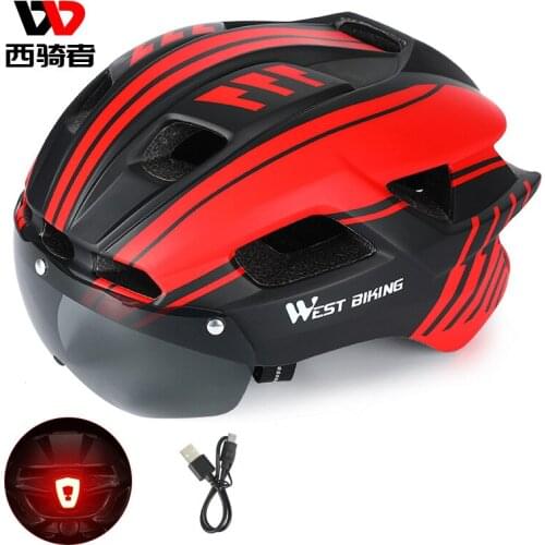 WEST BIKING Bicycle Helmet With Taillight Cycling Helmet MTB Road Race Bike Helmet With Goggles Sun Visor Lens Sport Safety Cap