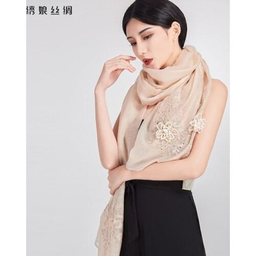 Xiuniang silk silk silk wool scarf pure color big shawl light sand beach sunscreen embroidered long and enlarged scarf