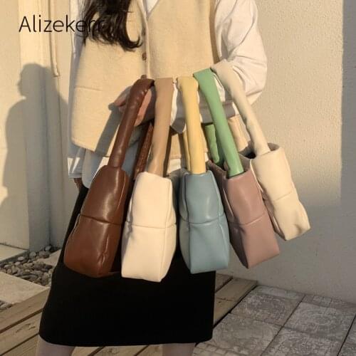 Cotton Down Feather Panelled Shoulder Bag Women 2021 New Soft PU Thread Checked Handbag High Quality Fashionable Purses Casual