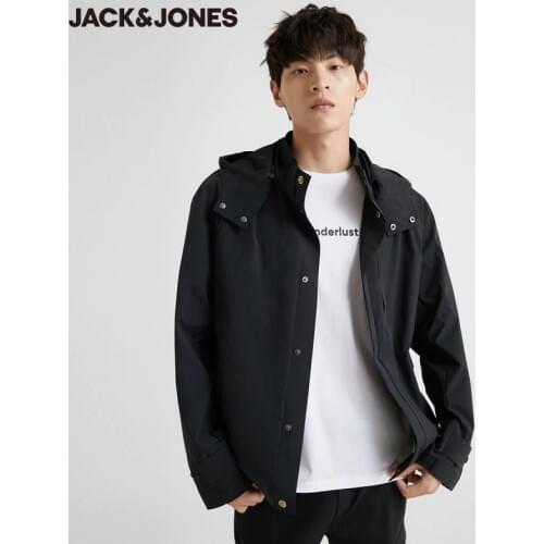 JackJones Mens Cargo Casual Streetwear Stand-up Collar Hooded Short Trench Coat|220121557