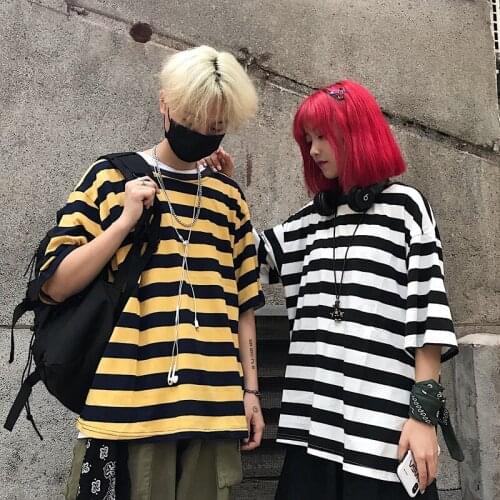 Korean Style Streetwear Couple Striped Short-Sleeved Shirt Womens Clothes For Teenagers t Vintage Grunge Clothes Y2k Woman 2021