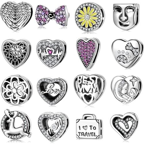 High Quality 925 Sterling Silver Heart Round Monther Love Charms Clips Beads Fit Original Reflection Bracelets DIY Fine Jewelry