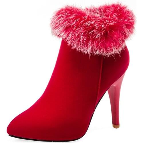 Big Size 11 12 13 14 Suede pointed slim heel side zipper rabbit fur collar inner waterproof platform short canister Martin boots